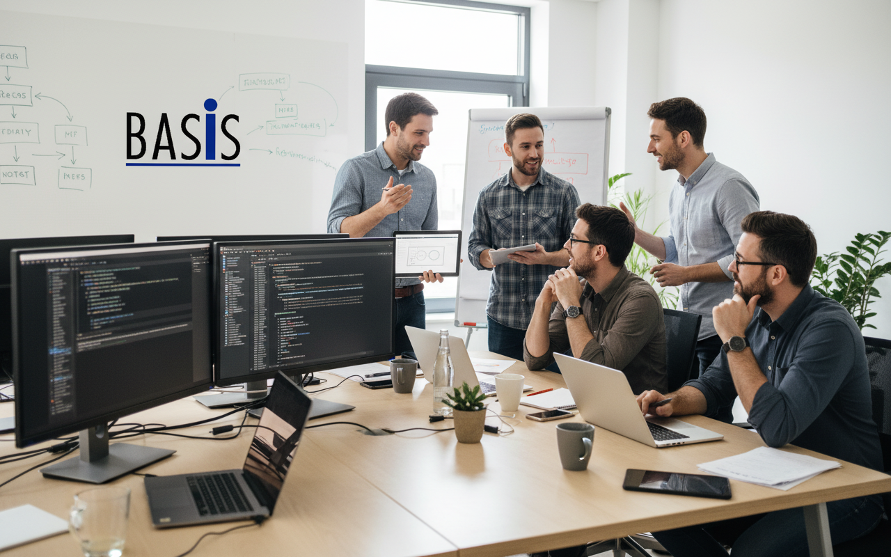 Equip de programadors caucàsics col·laborant amb el logotip de BASIS a l'oficina.